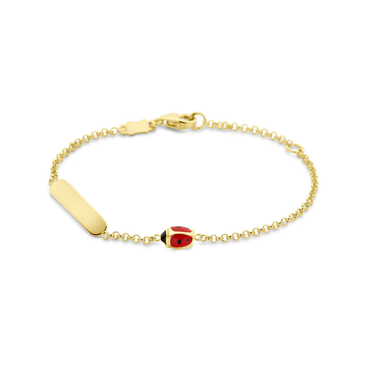 Bracelet en or 14K avec plaque rectangulaire et un charmant coccinelle rouge.