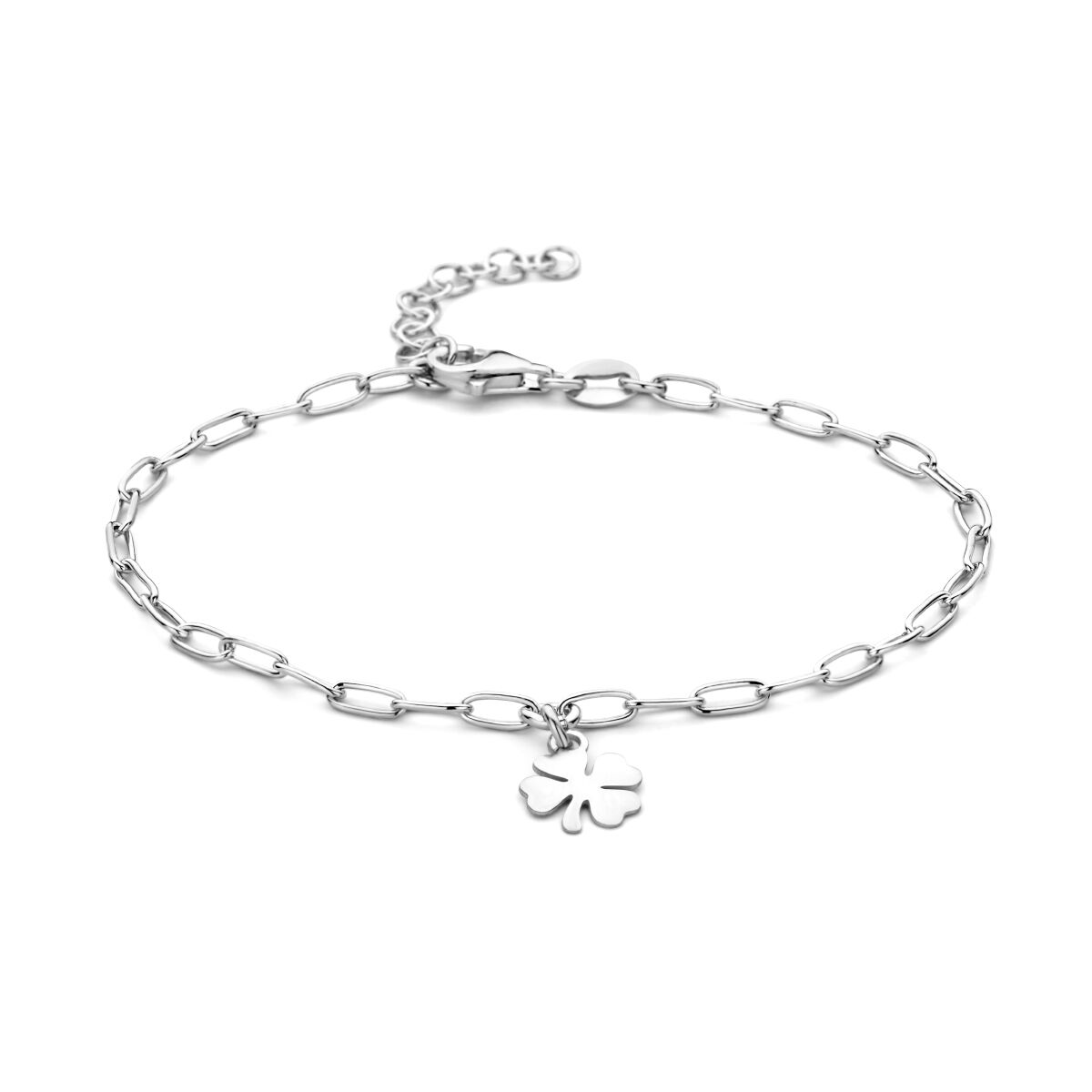 Bracelet en argent rhodié avec un pendentif en forme de trèfle, longueur de 16 à 19 cm.