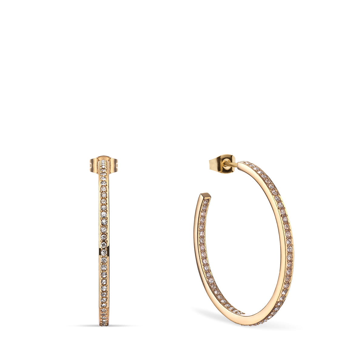 Boucles d'oreilles en or rose avec des zircons, l'une en forme de tige et l'autre en créole.