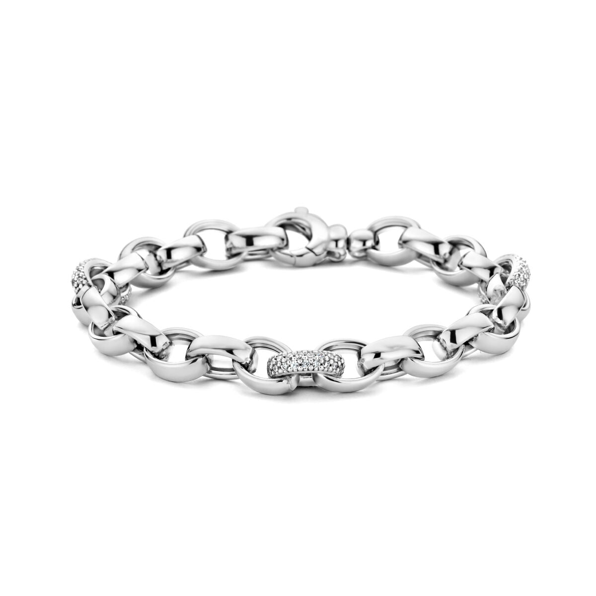 Bracelet jonc en argent rhodié avec maillons ovales et zirconia.