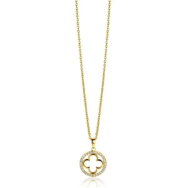 Collier en or avec pendentif en forme de fleur, orné de pierres brillantes.