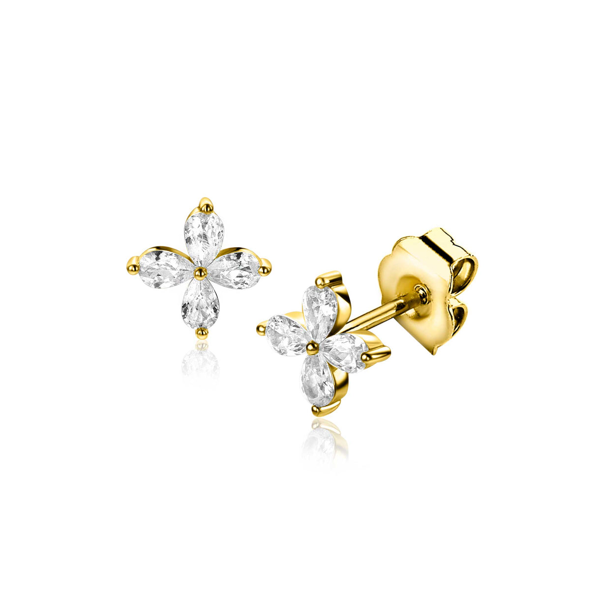 Boucles d'oreilles en argent doré en forme de fleur, ornées de pierres brillantes.