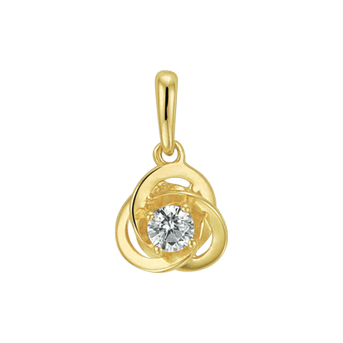 pendentif en or jaune 14K avec zirconia, design en forme de trois cercles entrelacés.