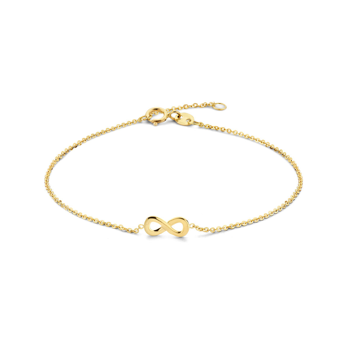 Bracelet en or 14K avec motif infini, chaîne délicate et fermoir ajustable.