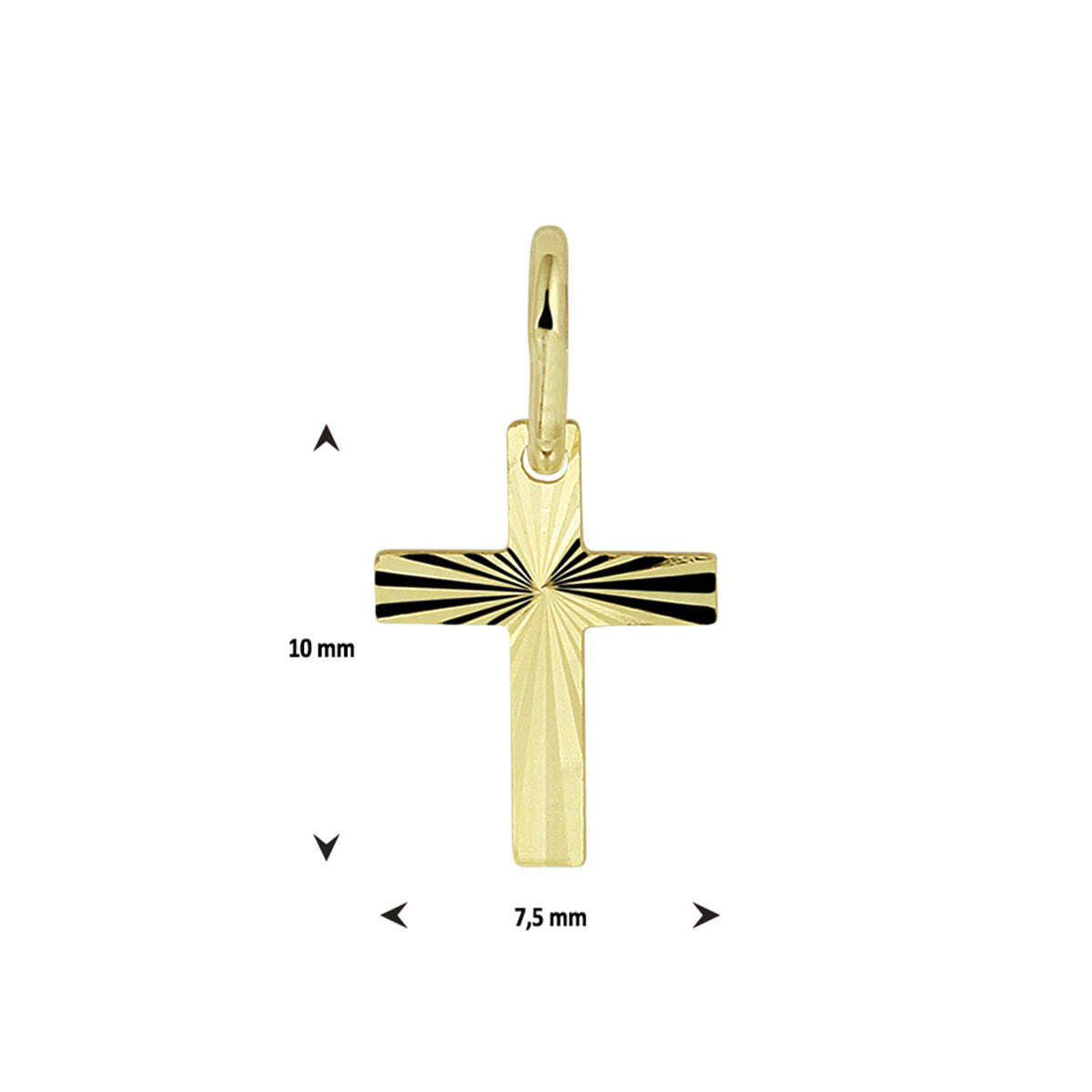 Pendentif croix en or jaune 14K avec un motif rayonnant, dimensions 10 mm x 7,5 mm.