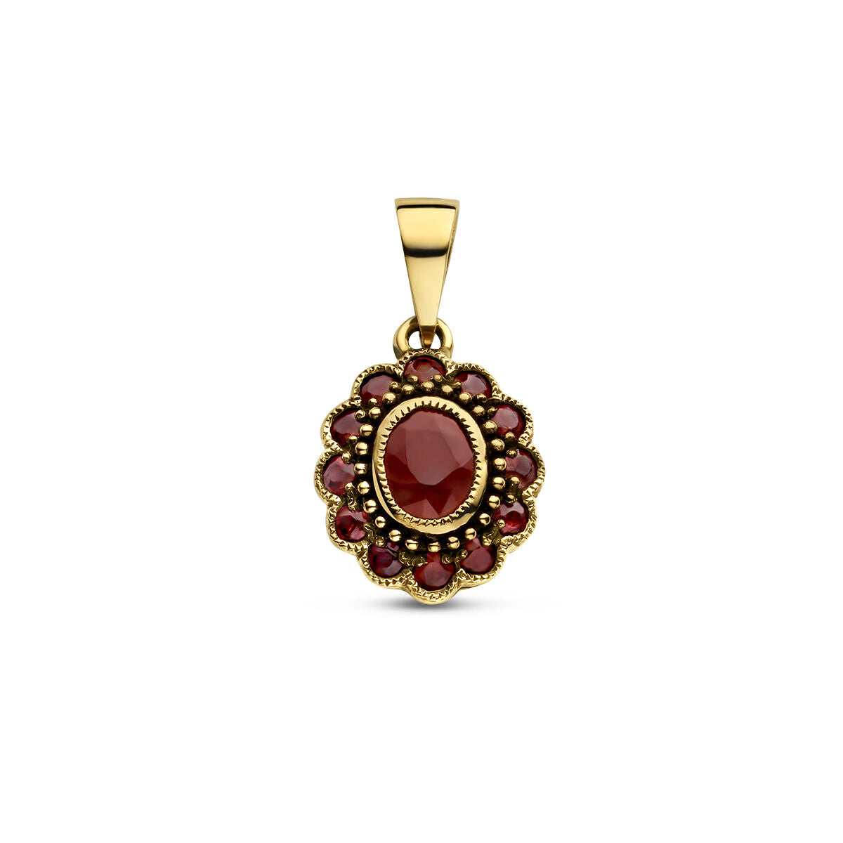 pendentif en or jaune 14K avec un rubis central et des pierres rouges en forme de fleurs.