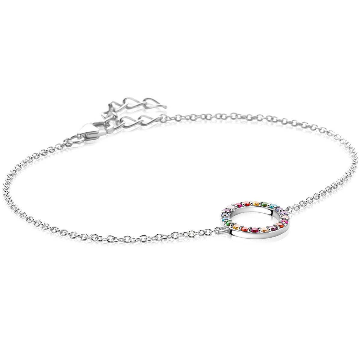 Bracelet en argent avec un cercle orné de pierres multicolores, longueur ajustable de 17 à 20 cm.