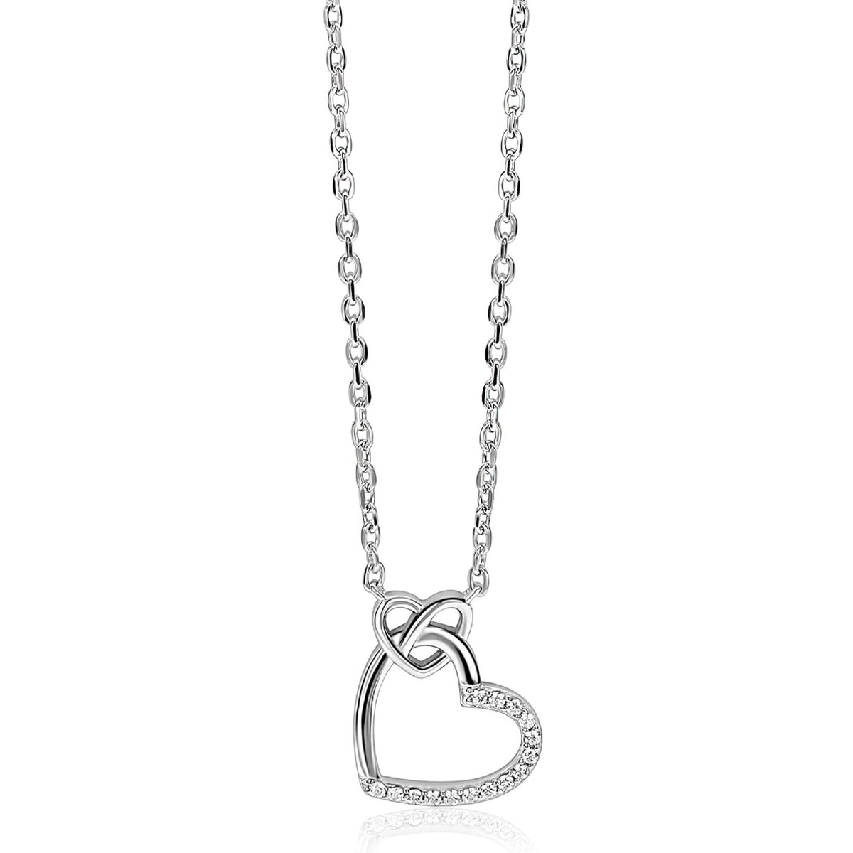 Collier en argent avec deux cœurs élégants, l'un orné de pierres brillantes.
