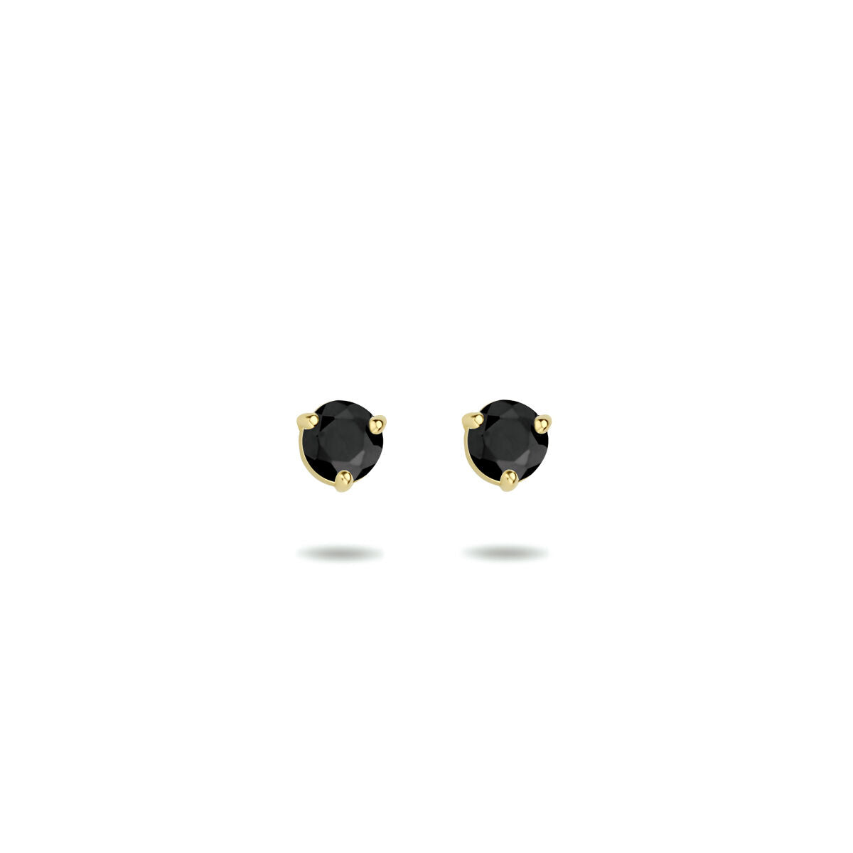 Boucles d'oreilles en or jaune 14K avec zirconia noire, forme ronde, serties de quatre griffes.