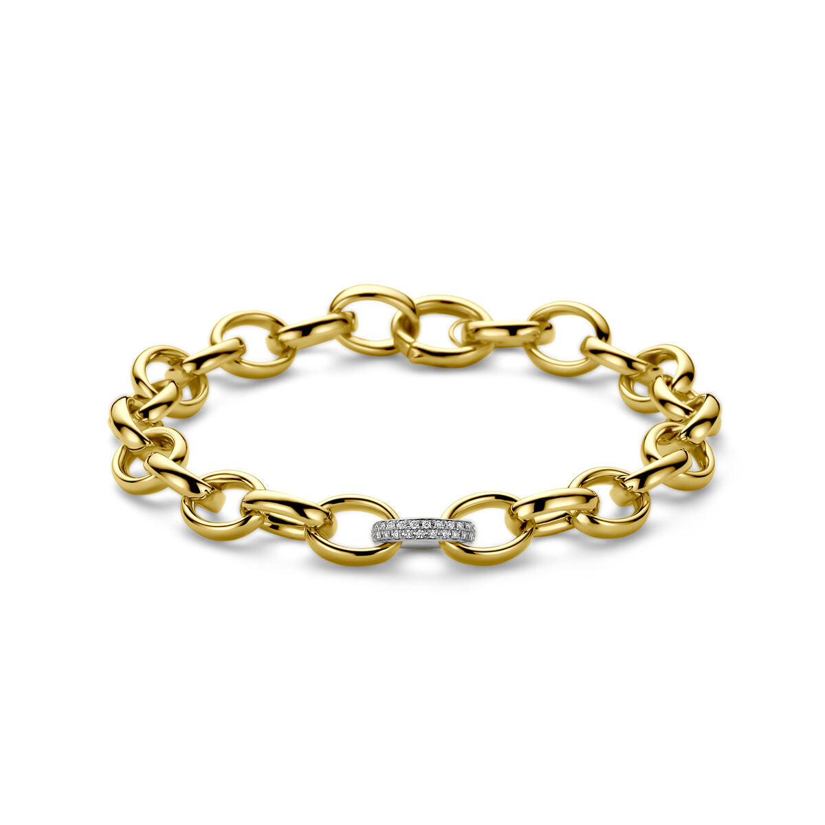 Bracelet bicolore en or jaune et blanc avec maillons fantaisie et diamant de 0,18 ct.
