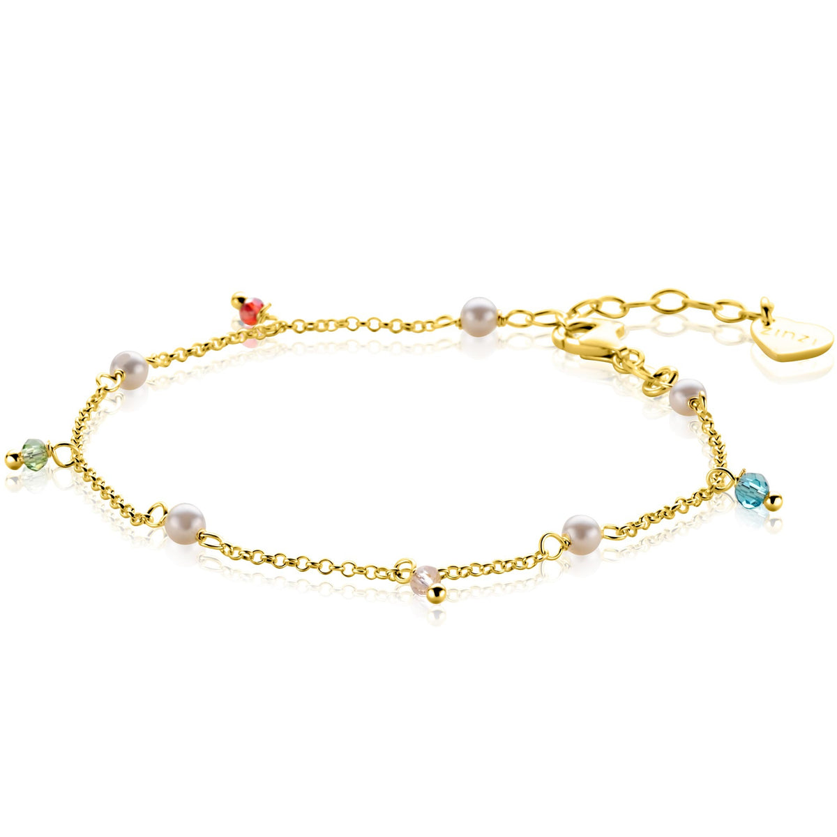 Bracelet doré avec perles et cristaux colorés, finition délicate et fermoir ajustable.