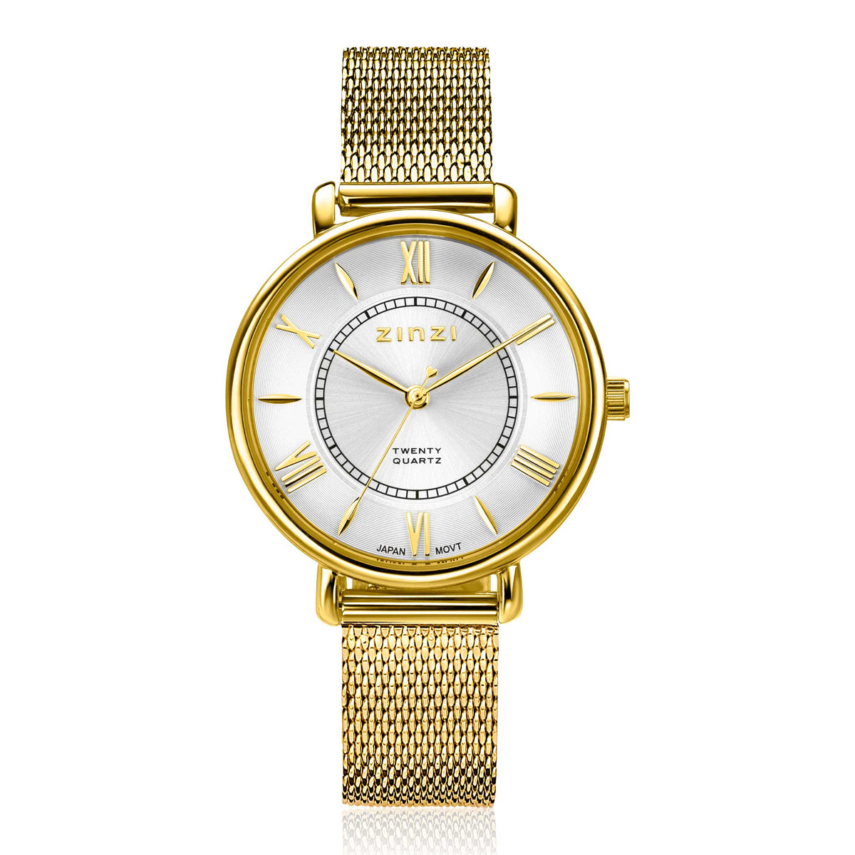 Montre dorée avec un cadran argenté, bracelet en maille, chiffres romains et détails raffinés.