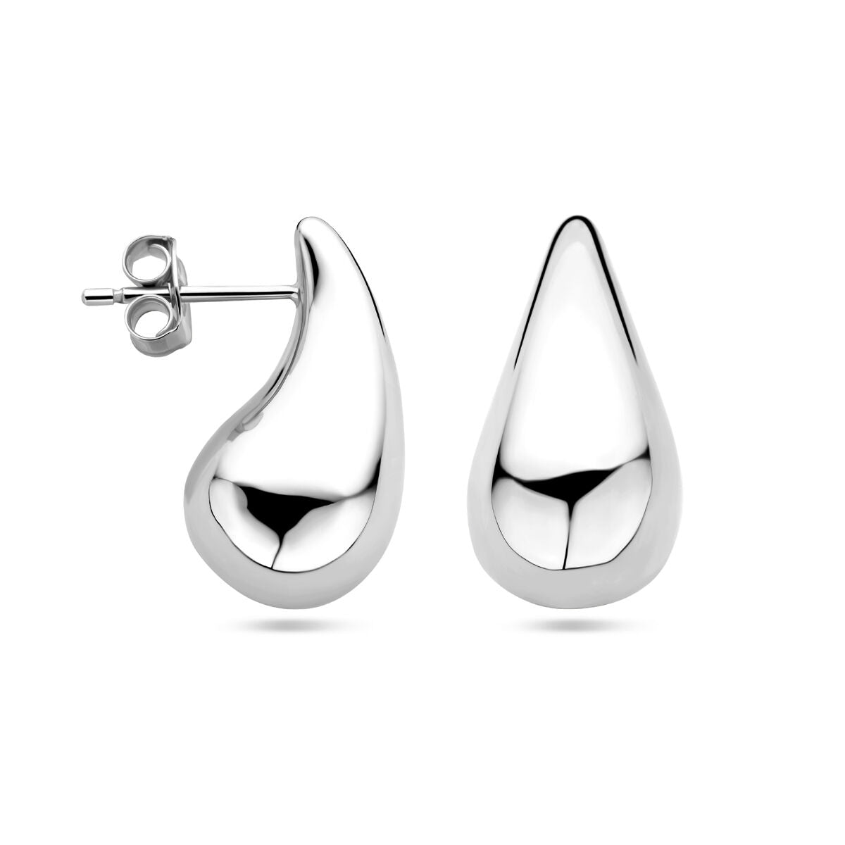 Boucles d'oreilles en argent rhodié en forme de goutte, avec une finition brillante.