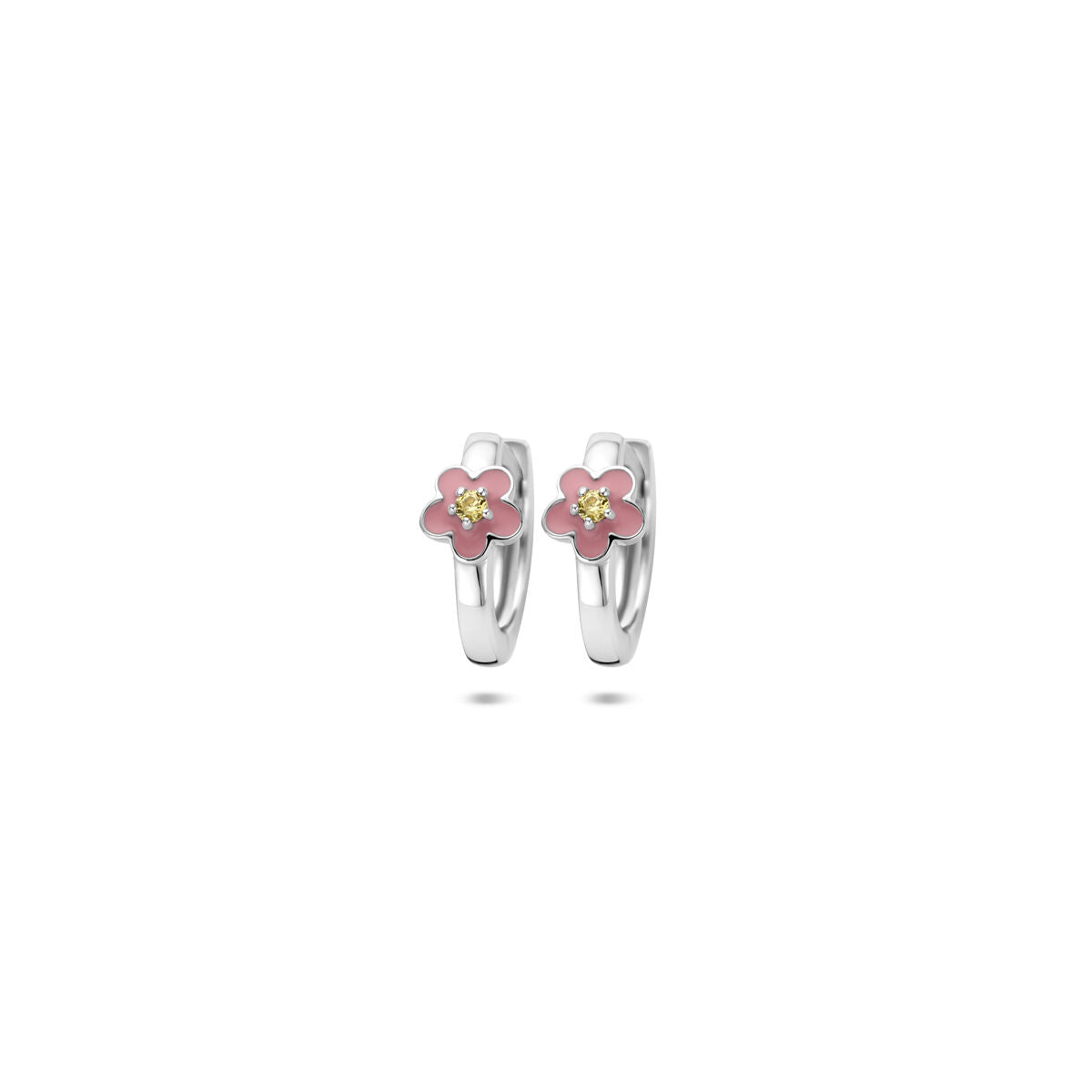 Boucles d'oreilles en argent avec une fleur émaillée rose et un zircon jaune, dimensions 12 x 4,5 mm.
