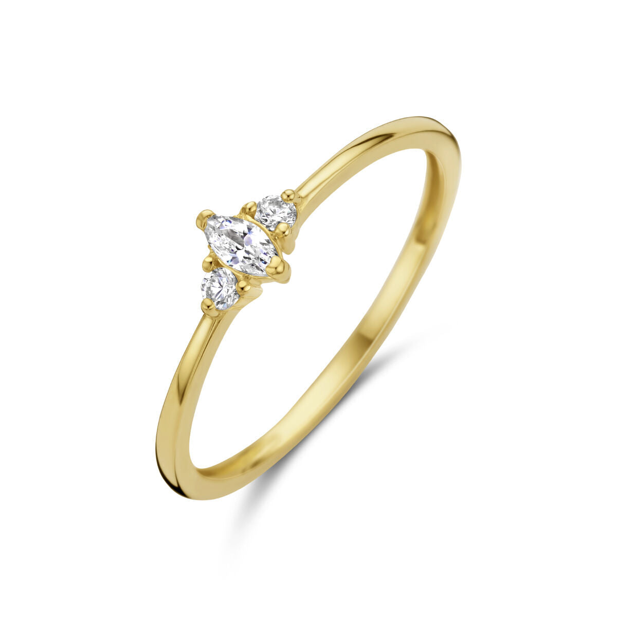 Bague trilogie en or jaune 14K avec zircons, trois pierres brillantes en forme de poire.