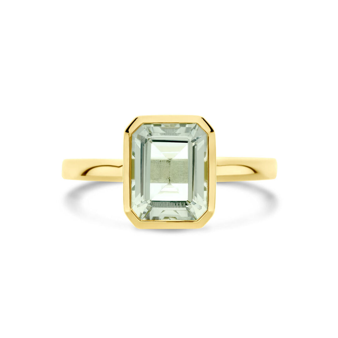 De ring groen amethist 14K geelgoud van Van der Kooij Collectie heeft een rechthoekige, smaragdgeslepen groene amethist gezet in een strakke, gepolijste geelgouden band, afgebeeld op een witte achtergrond.