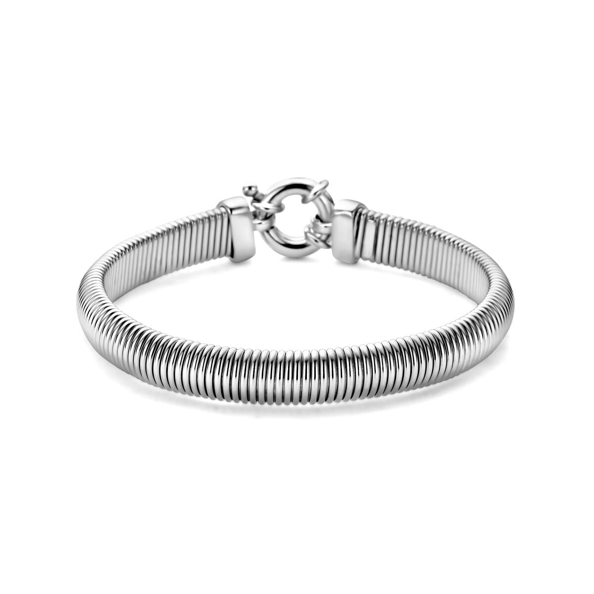 Bracelet argenté rhodié avec un grand fermoir à ressort.