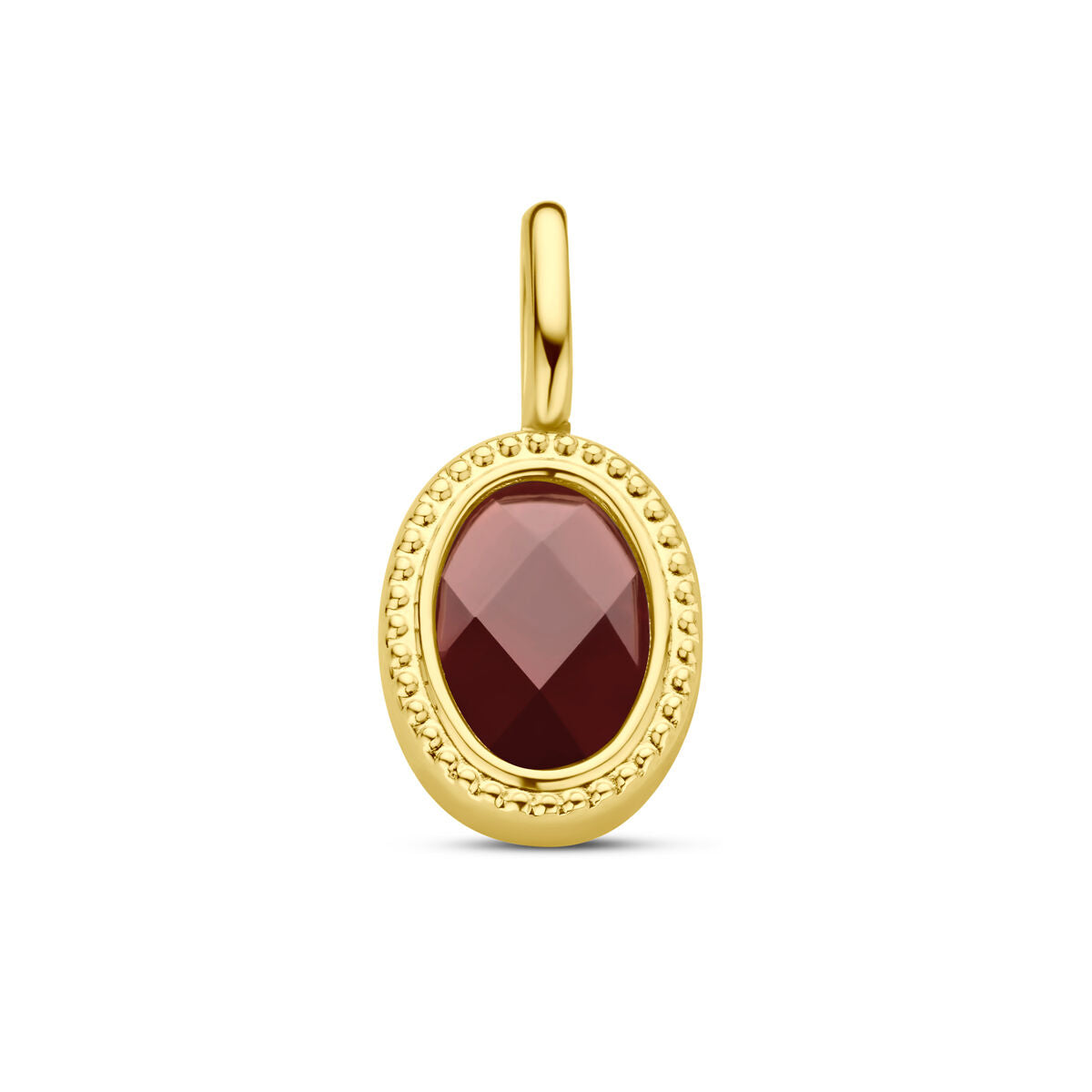 pendentif en grenat en or jaune 14K avec une forme ovale et un sertissage décoratif.