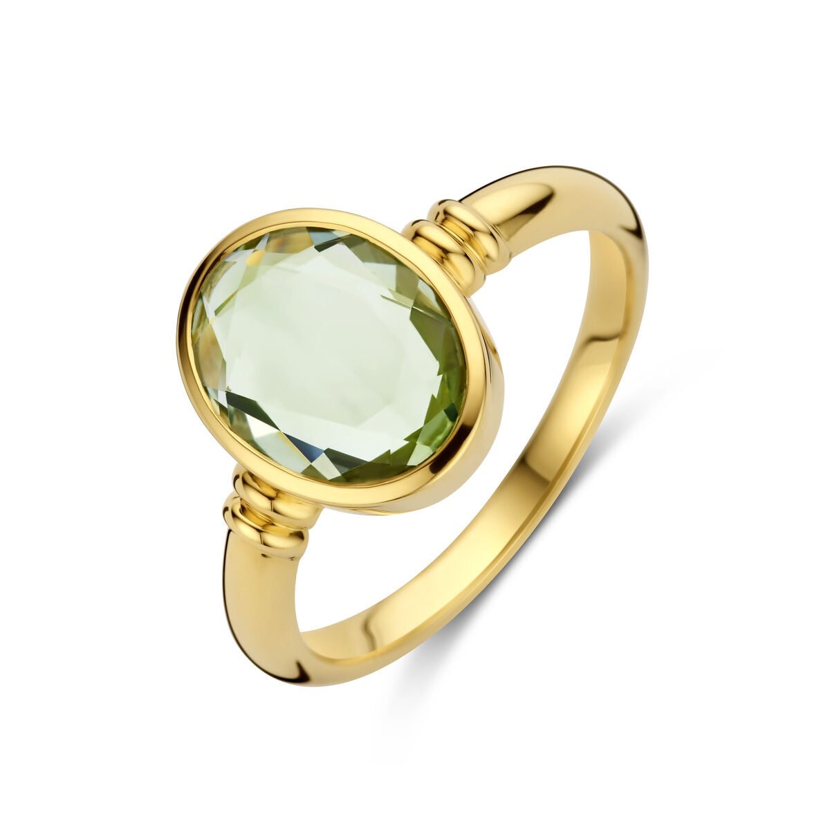 Bague en or jaune 14K avec une améthyste verte ovale facettée.