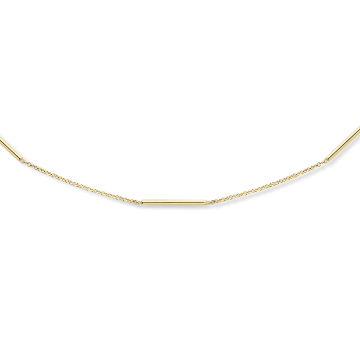 Collier van 14K geelgoud met balkjes, lengte 43-45 cm en een dikte van 1,3 mm.