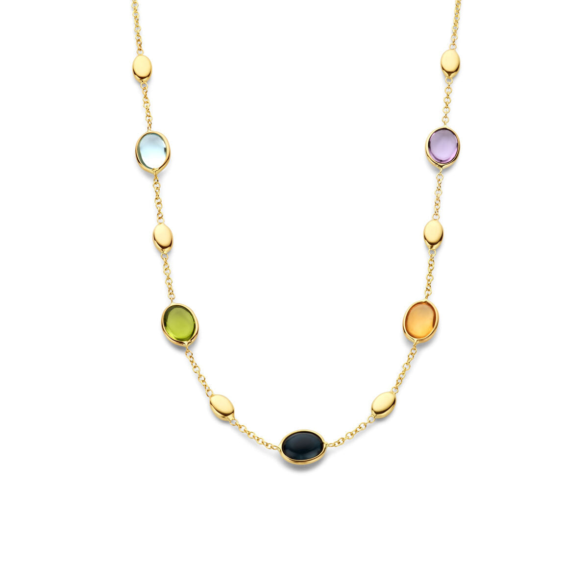 Collier en or 14K avec des pierres naturelles colorées, ovales et rondes.