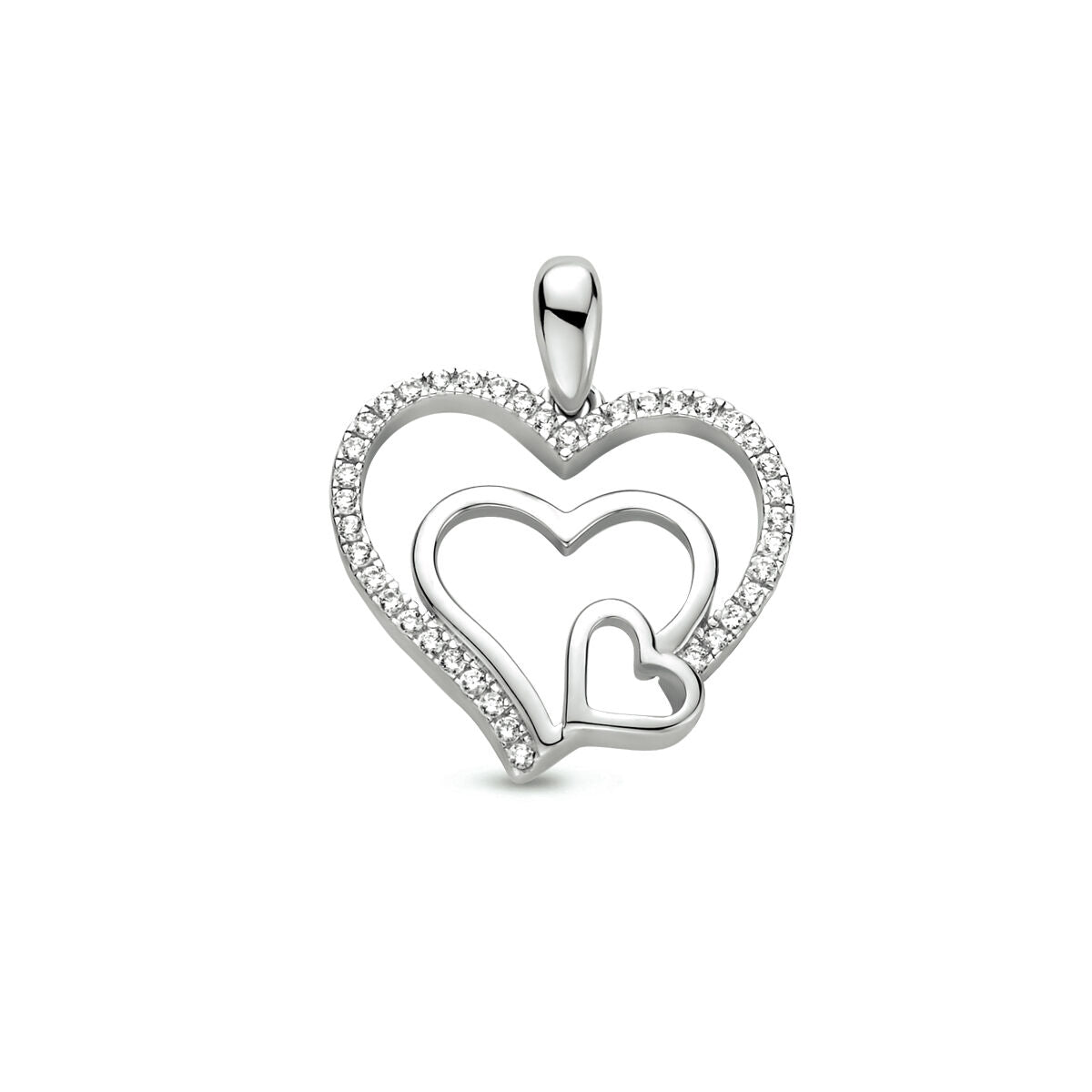 pendentif en forme de cœur en argent rhodié, orné de zircones.
