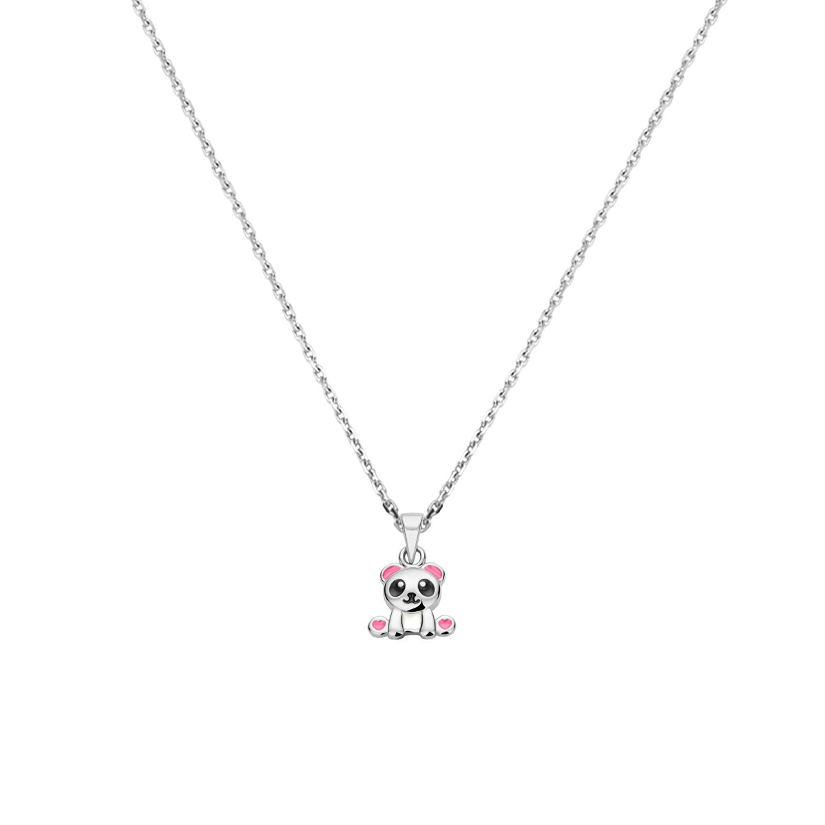 Collier en argent rhodié avec pendentif en forme de panda, détails roses.