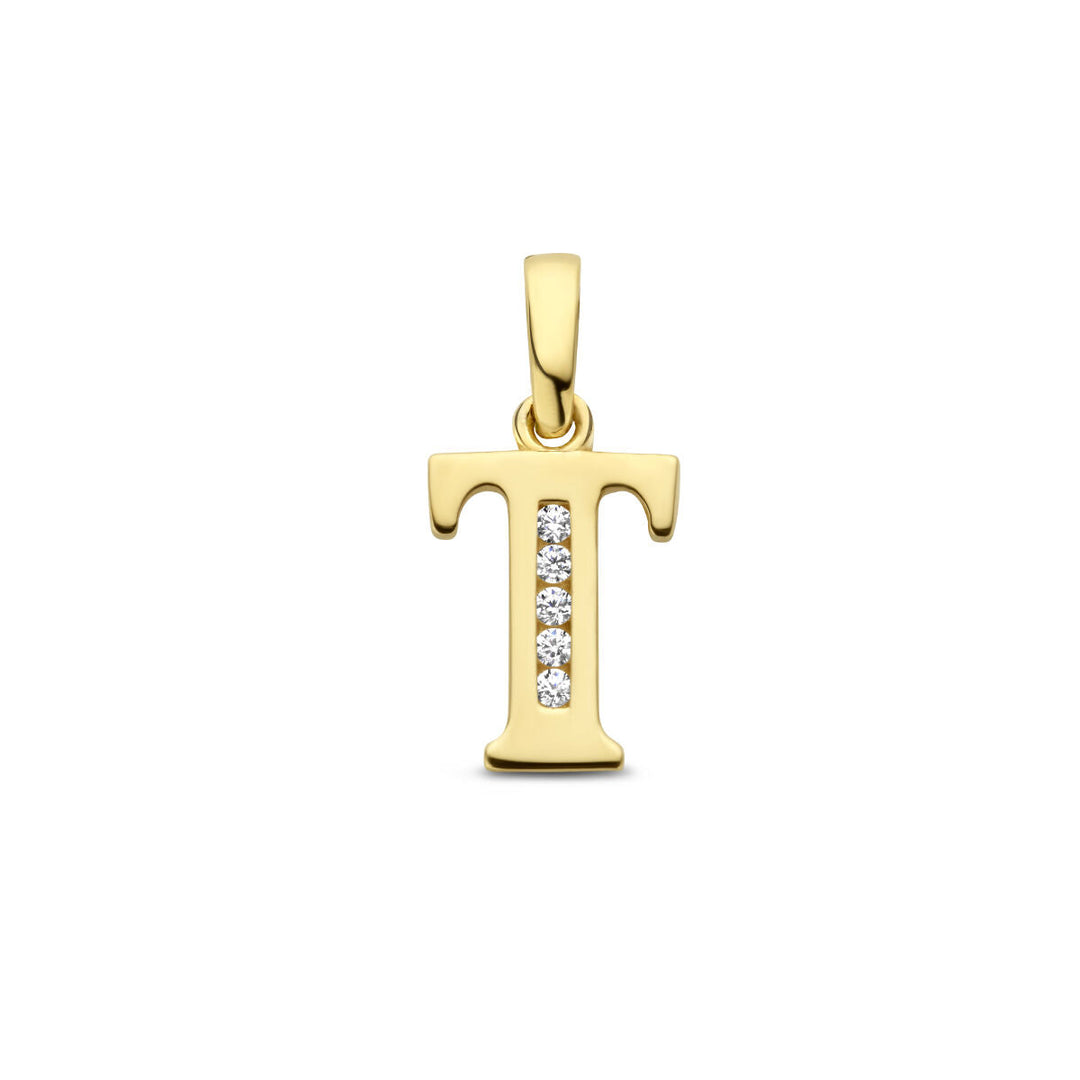 De Van der Kooij Collectie hanger letter zirkonia 14K geelgoud is een T-vormige hanger met vijf fonkelende zirkonia's in een verticale rij, afgebeeld op een effen witte achtergrond.