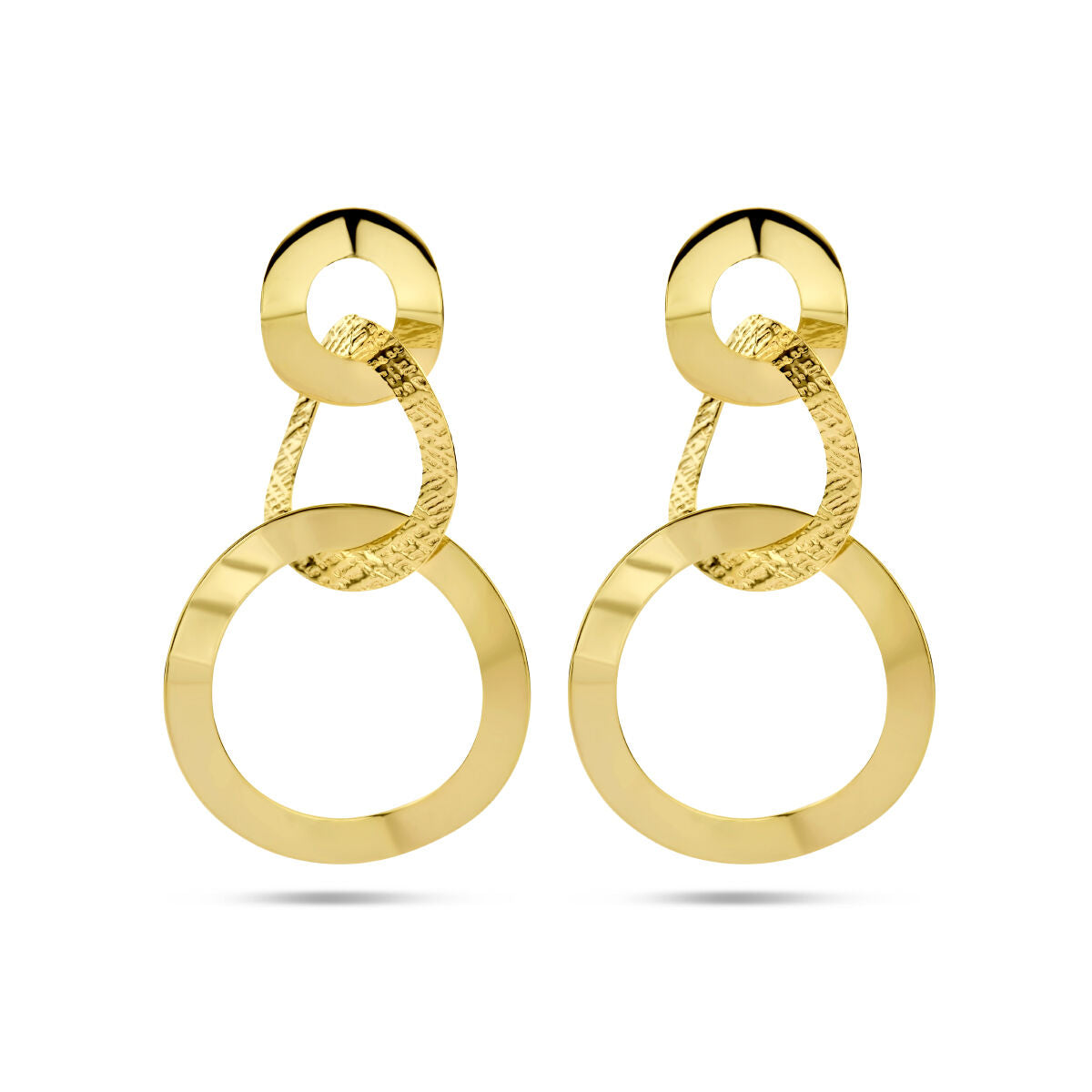 Boucles d'oreilles en argent doré, avec des cercles poli et mat, détails texturés.