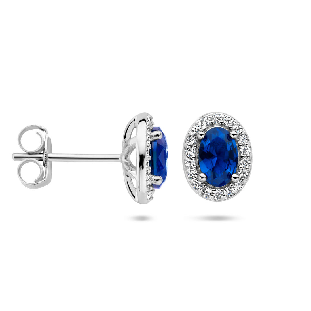 oorknoppen blauw en wit zirkonia halo zilver gerhodineerd
