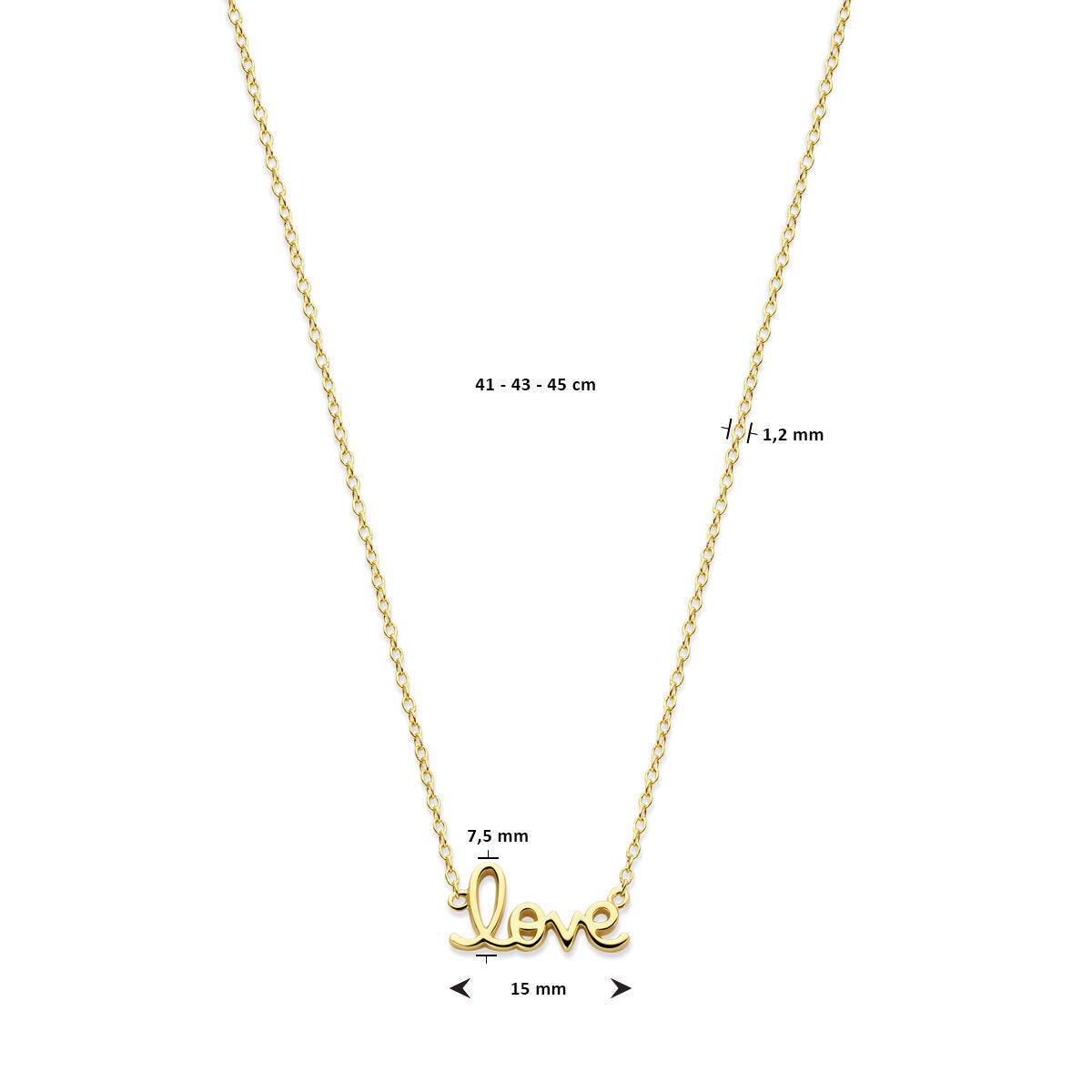 collier love 41 - 43 - 45 cm 3 microns argent plaqué or (jaune)