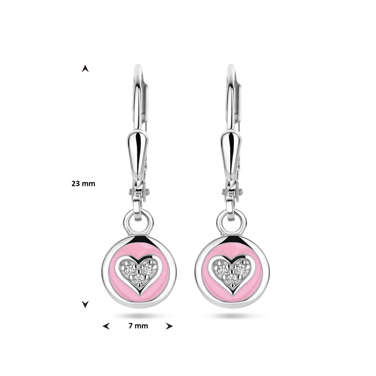 boucles d'oreilles cœur zircone et émail rose crochets argent rhodié
