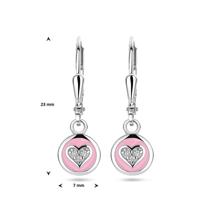 oorhangers  hart zirkonia en roze emaille brisur haak zilver gerhodineerd