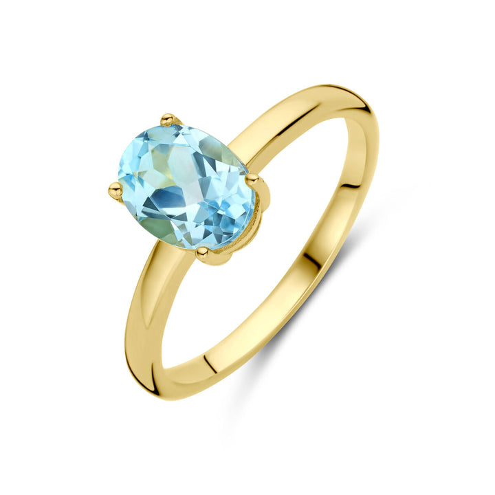geelgouden ring blauwe topaas 14K