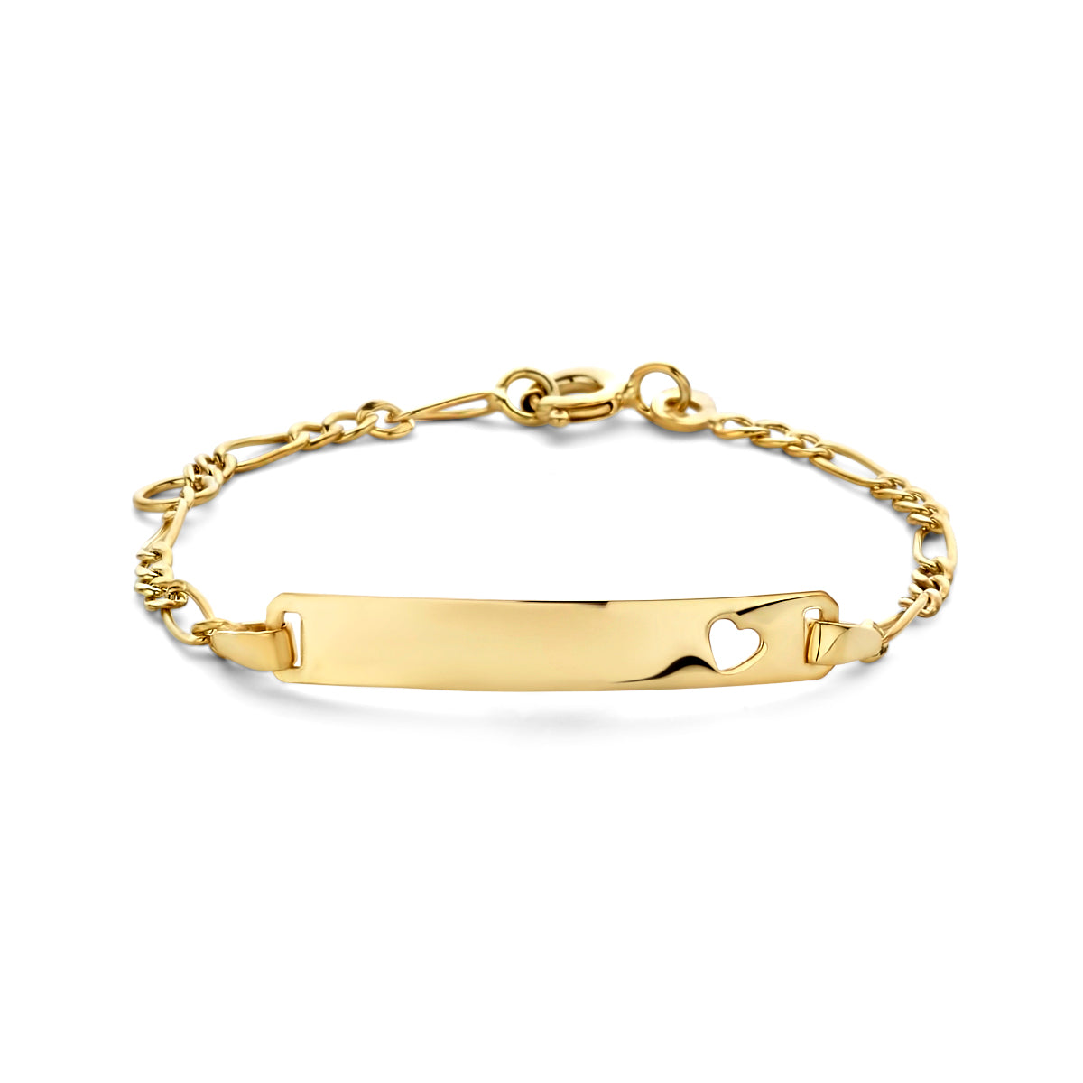 Bracelet en or jaune 9 carats avec plaque gravable en forme de cœur et chaîne délicate.
