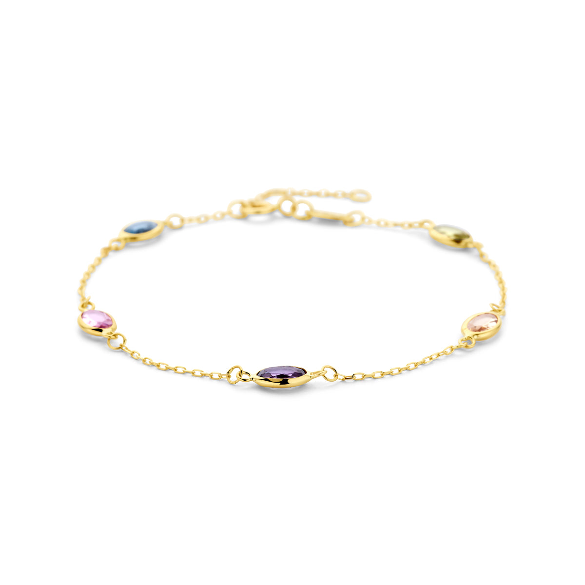 Bracelet en or jaune 9K avec des pierres synthétiques multicolores.