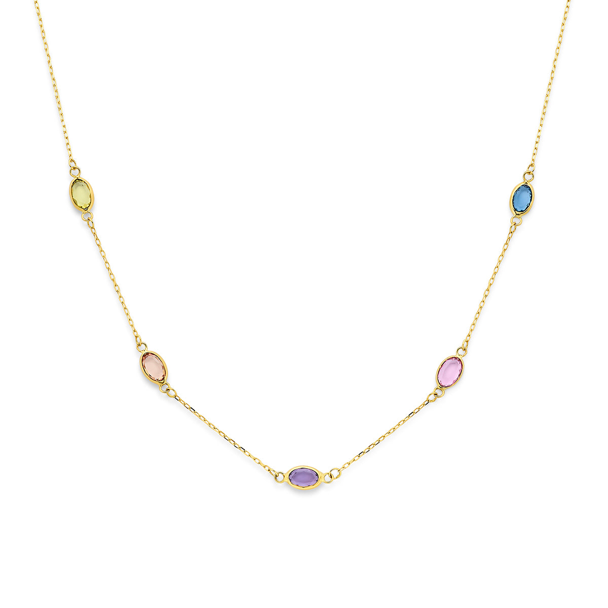 Collier en or jaune 9K avec pierres synthétiques ovales multicolores.