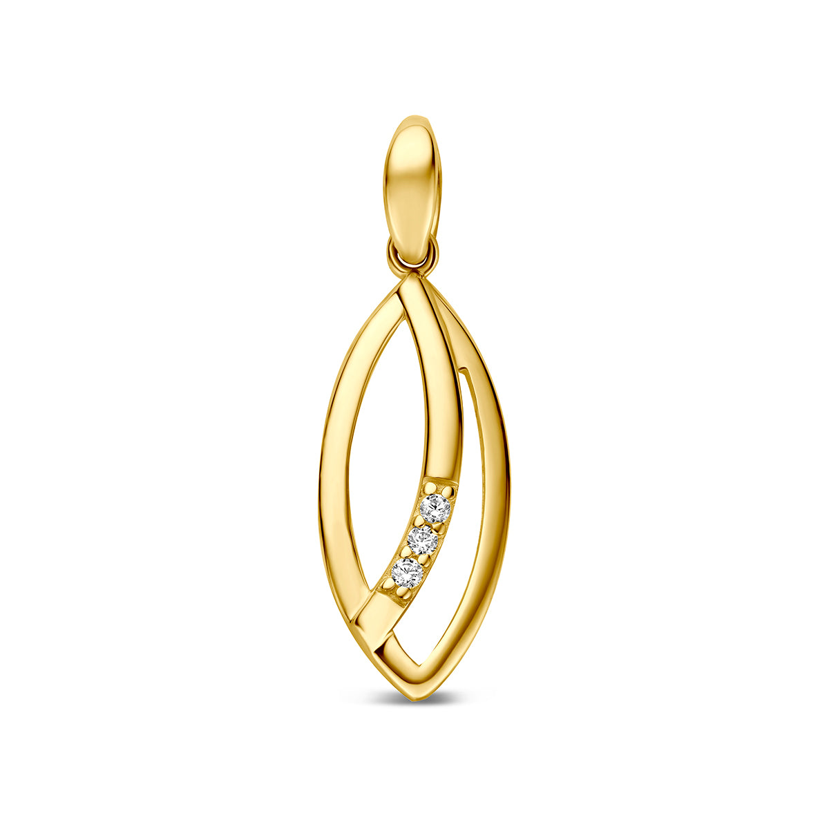 Pendentif en or jaune 9 carats avec zircons, forme allongée et détails en courbes.