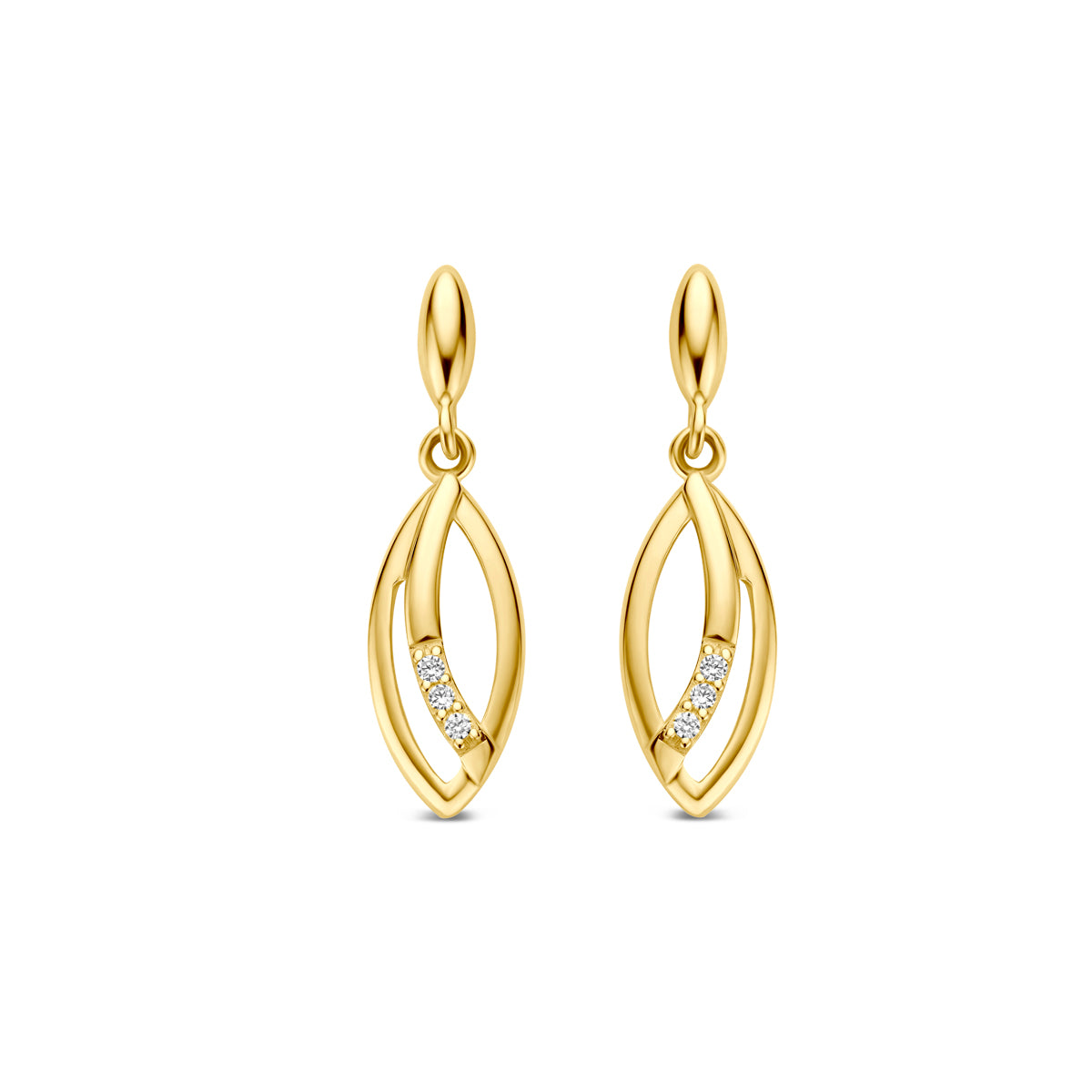Boucles d'oreilles en or jaune 9 carats avec zircones, de forme ovale et longueur de 18 mm.
