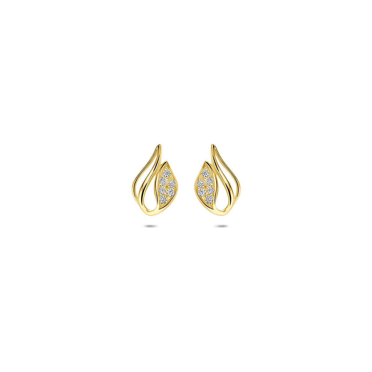 Boucles d'oreilles en or jaune 9 carats avec un design en forme de feuille et des pierres brillantes.