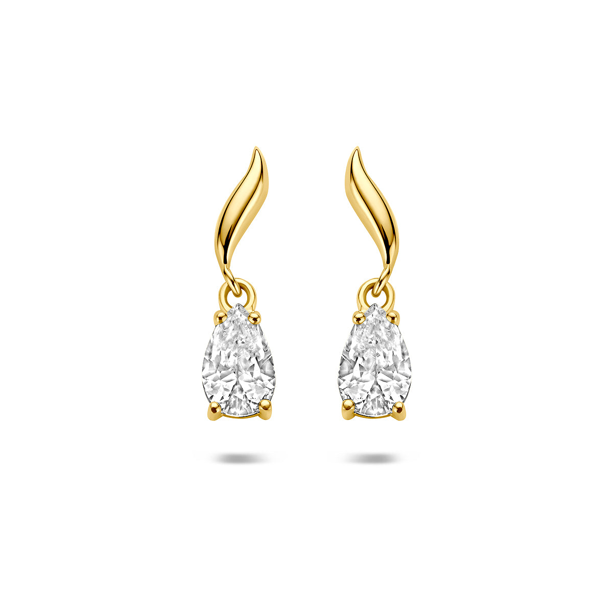 Boucles d'oreilles en or jaune 9K avec zircones, forme goutte de 15 mm.