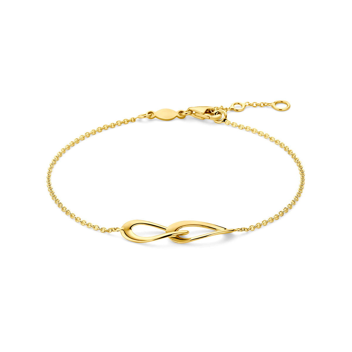 Bracelet en or jaune 9K avec un motif infini au centre, ajustable de 16,5 à 18,5 cm.