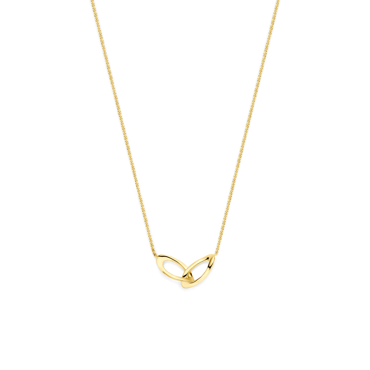 Collier en or jaune 9K avec un motif en forme de boucle, disponible en plusieurs longueurs.