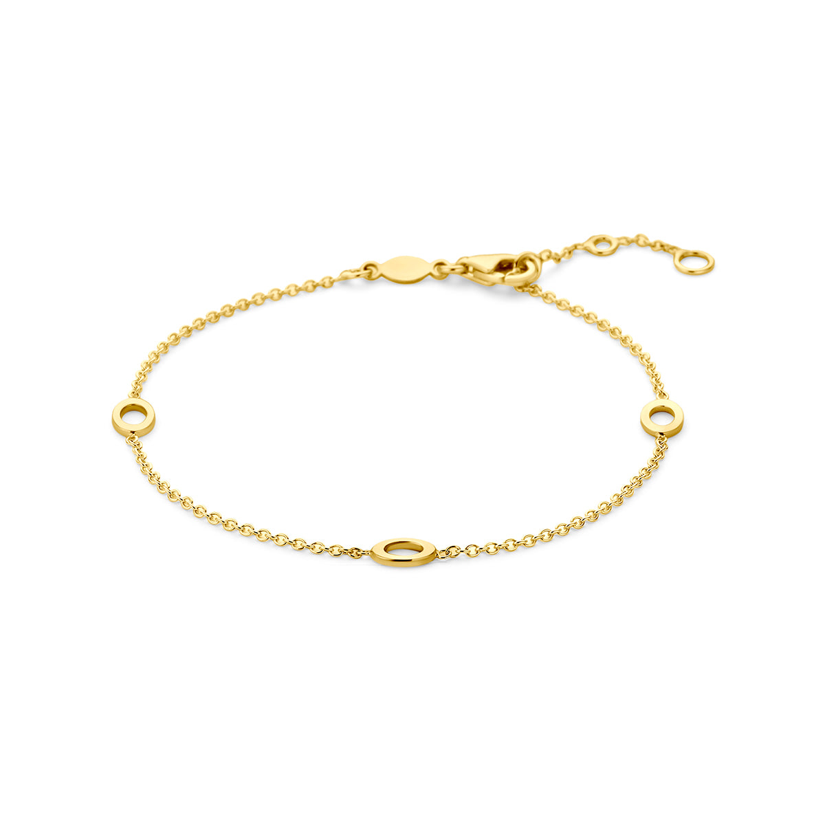Bracelet en or jaune 9K avec des maillons ronds et ovales, longueur ajustable de 16,5 à 18,5 cm.