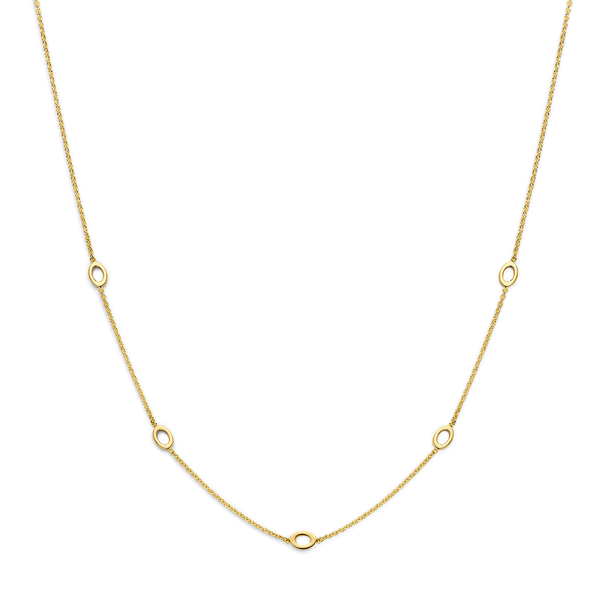 Collier en or jaune 9 carats avec des maillons ronds, disponible en longueurs de 41 à 45 cm.