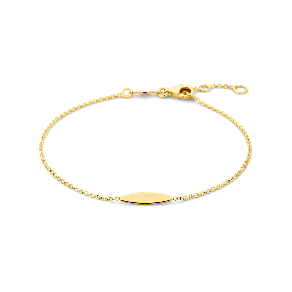 Bracelet en or jaune 9K avec une plaque allongée et une chaîne délicate.