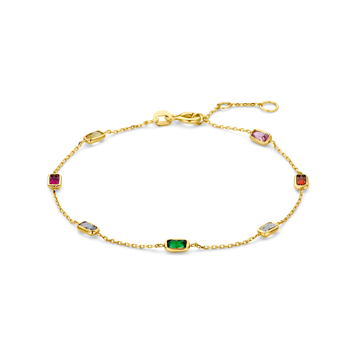Bracelet en or jaune 9K avec des zirconias colorés en différentes teintes.