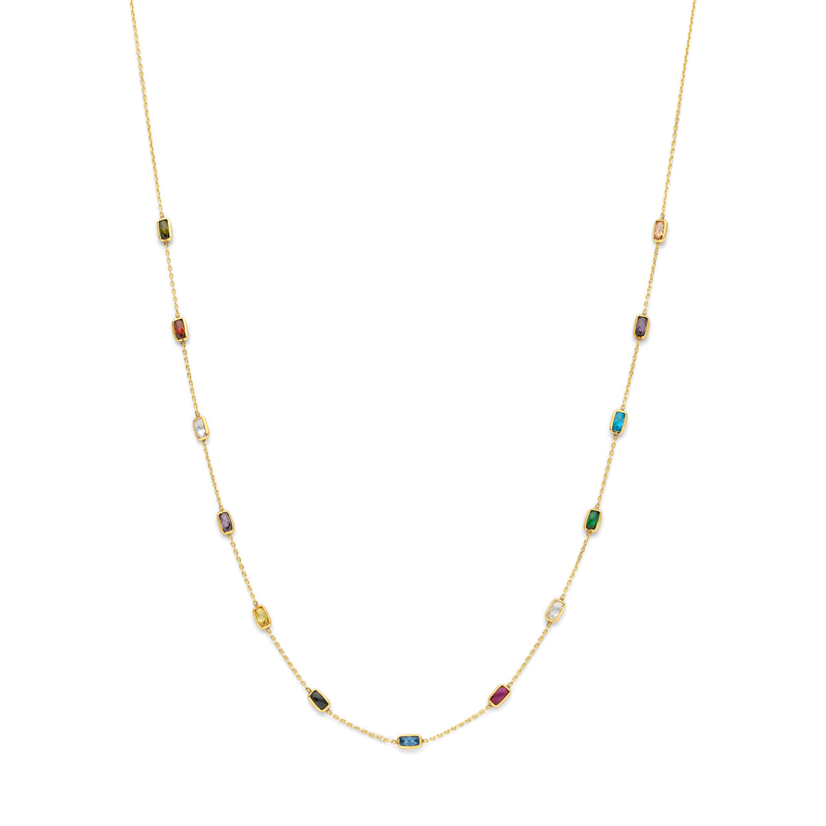 Collier en or jaune 9K avec zirconia colorés, longueur de 41 à 45 cm.