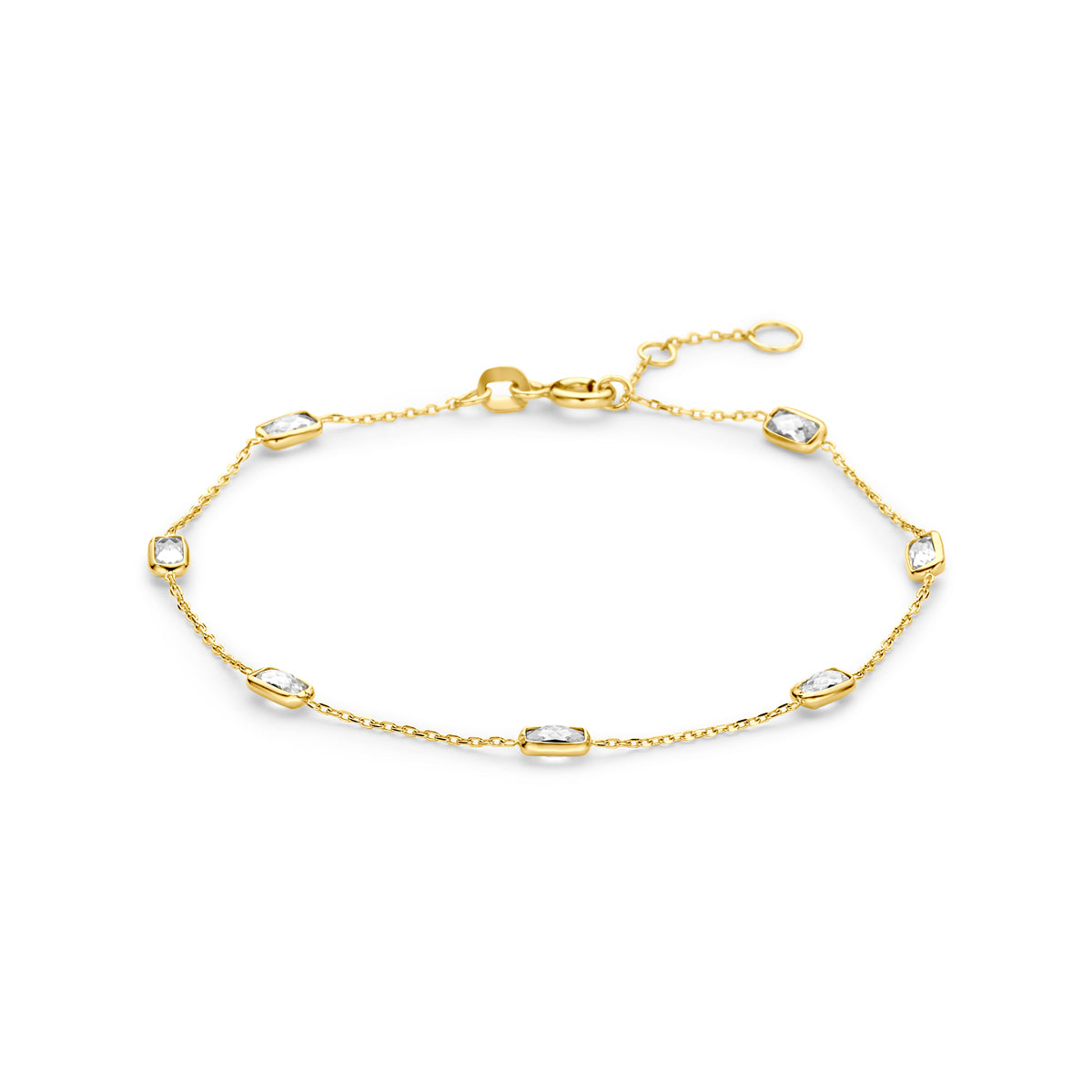 Bracelet en or jaune 9 carats avec des zircons, longueur ajustable de 16,5 à 18,5 cm.