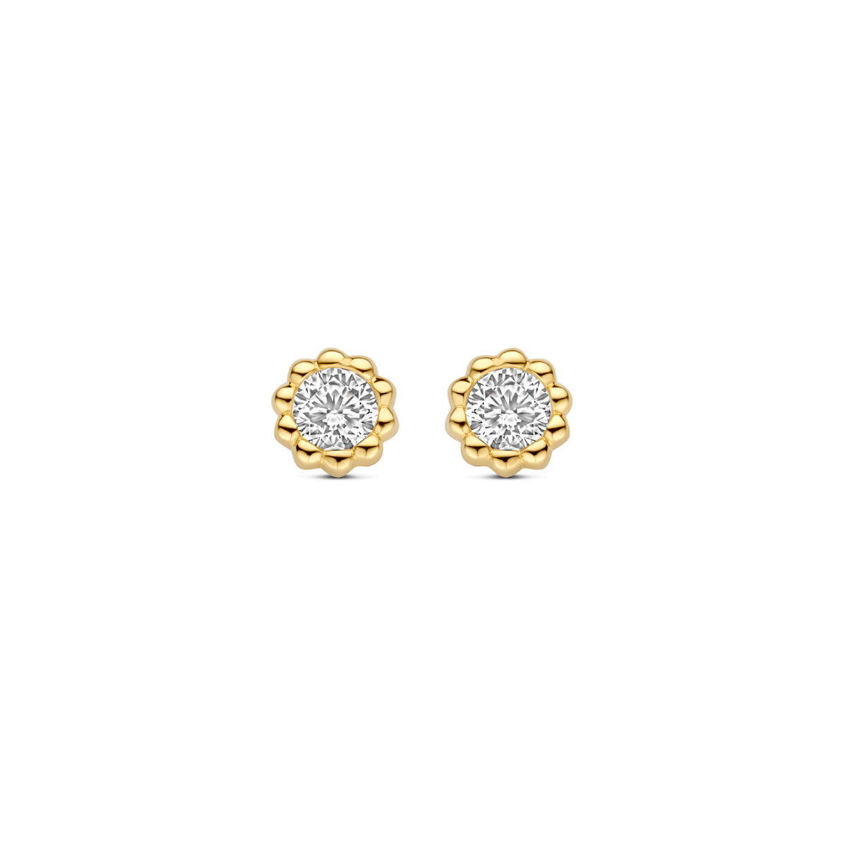 Boucles d'oreilles en or jaune 9 carats avec zirconia, forme florale, diamètre de 5,5 mm.